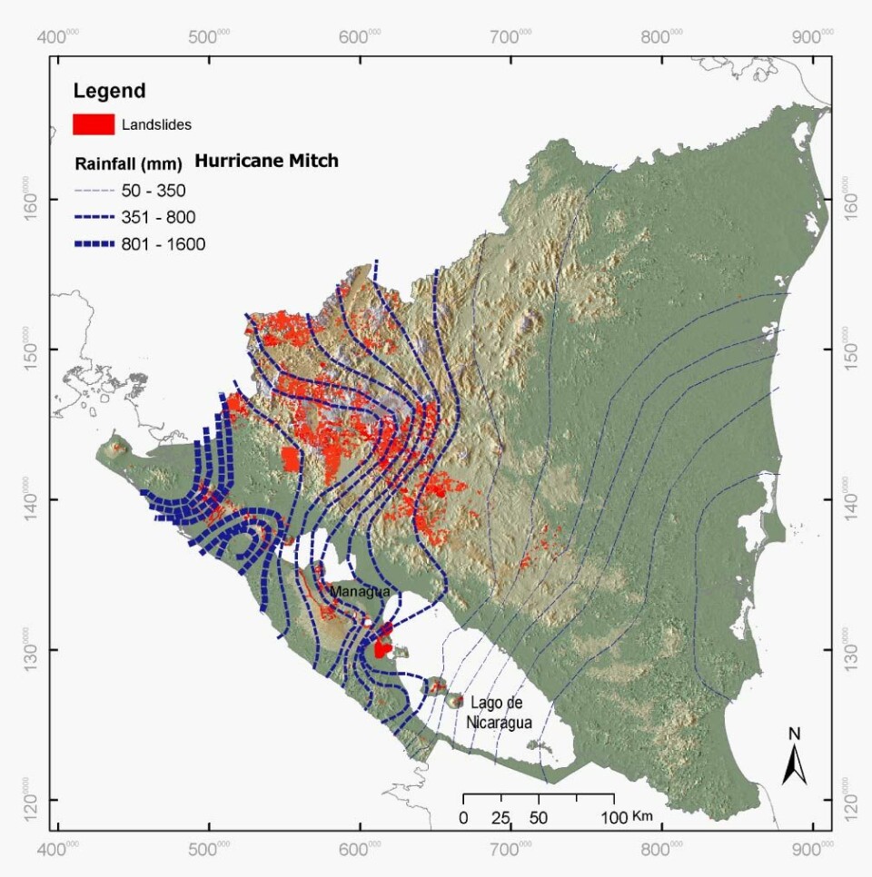 Kart over Nicaragua som viser nedbørsintensiteten ifm orkanen Mitch og områder med påfølgende skred.
