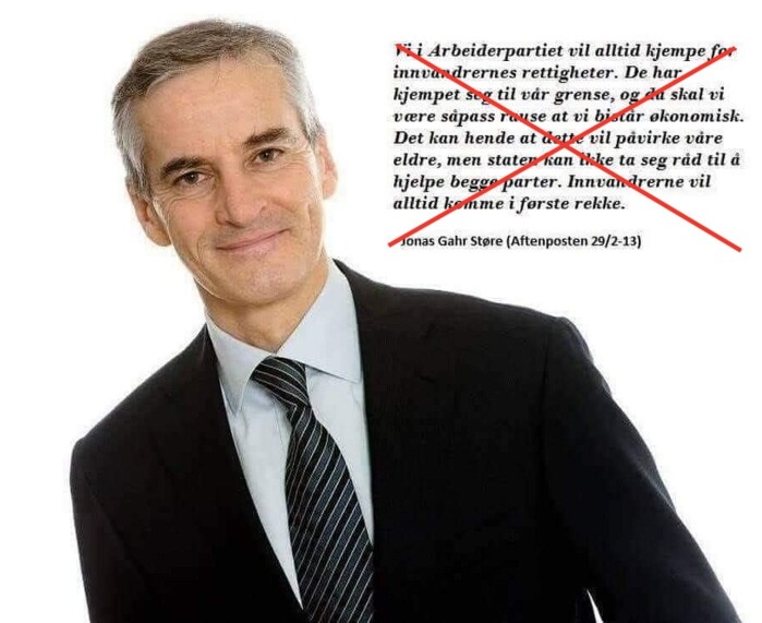 Et falskt sitat av Jonas Gahr Støre spres på Facebook. Et falskt sitat av Jonas Gahr Støre spres på Facebook.