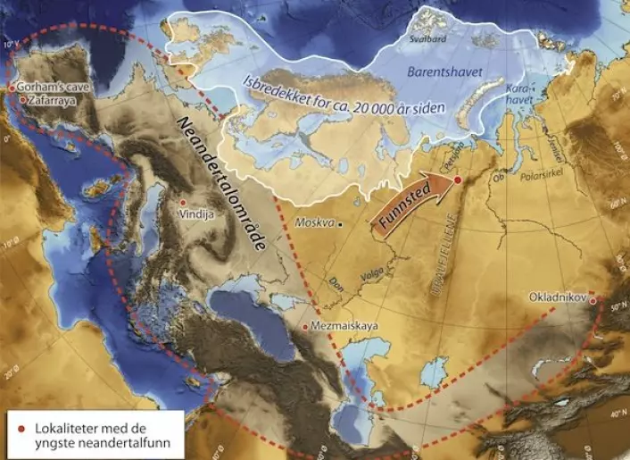 Tidligere mente forskere at den store iskappen som lå over Barentshavet på denne tiden bredde seg langt innover i Russland. Kartet viser isbredekket slik Mangerud og Svendsen og funnet at det var under den kaldeste fasen i istiden for 20-25.000 år siden. (Illustrasjon: Science/AAAS)