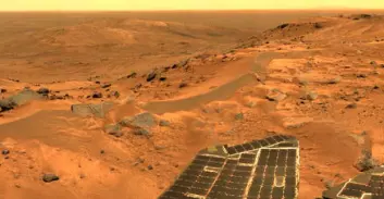 "Panoramabilde over Mars, tatt av roveren Spirit da den stod på toppen av Husband Hill, 01. september 2005."