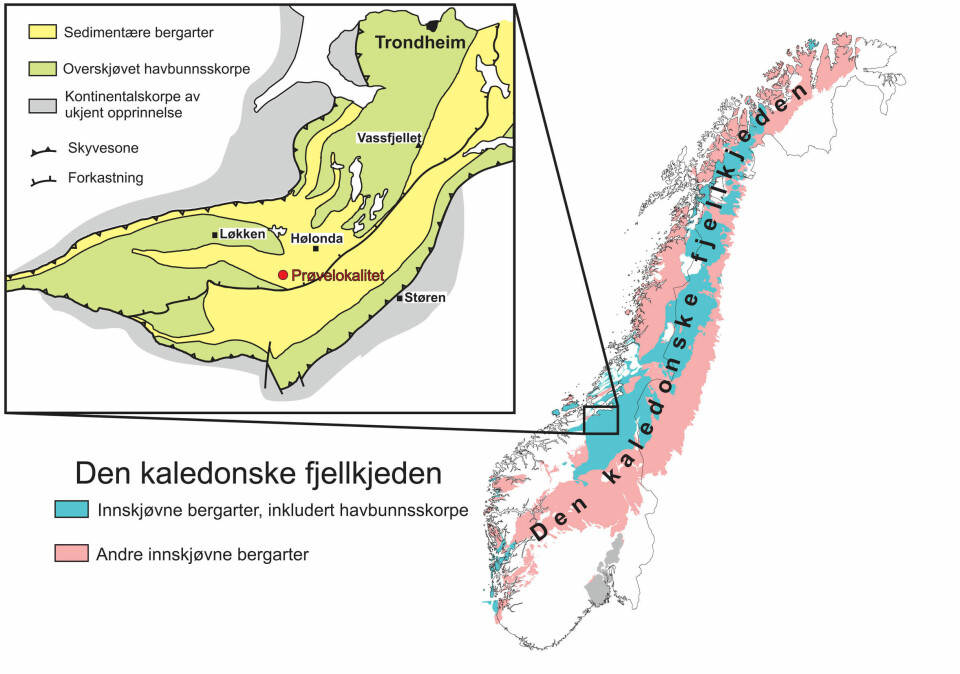 Kartet viser hvordan den kaledonske fjellkjeden strekker seg fra Vestlandet, opp gjennom Midt- og Nord-Norge, helt til Nordkapp i nord.  Den kaledonske fjellkjeden ble dannet for ca. 420 millioner år siden, da Norge og Grønland kolliderte.