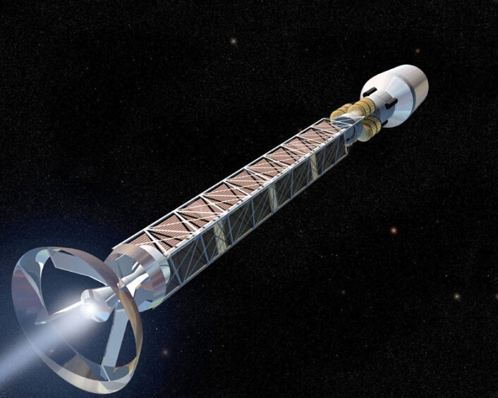 Artistens inntrykk av et framdriftsystem for romskip drevet med antistoff. (Illustrasjon: NASA) Artistens inntrykk av et framdriftsystem for romskip drevet med antistoff. (Illustrasjon: NASA)