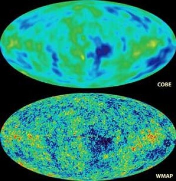"Bildene viser bakgrunnsstrålingen over hele himmelhvelvingen, 380 000 år etter Big bang. Det øverste bildet er tatt av NASAs COBE-satellitt, som først fanget opp små temperaturvariasjoner (vist som fargevariasjoner på bildet). WMAP-bildet fra 2003 gir enda bedre fokus. (Bilde: NASA)" "Bildene viser bakgrunnsstrålingen over hele himmelhvelvingen, 380 000 år etter Big bang. Det øverste bildet er tatt av NASAs COBE-satellitt, som først fanget opp små temperaturvariasjoner (vist som fargevariasjoner på bildet). WMAP-bildet fra 2003 gir enda bedre fokus. (Bilde: NASA)"