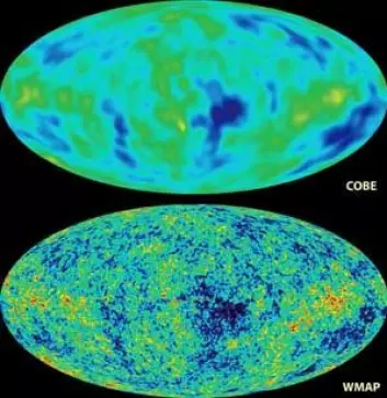 "Bildene viser bakgrunnsstrålingen over hele himmelhvelvingen, 380 000 år etter Big bang. Det øverste bildet er tatt av NASAs COBE-satellitt, som først fanget opp små temperaturvariasjoner (vist som fargevariasjoner på bildet). WMAP-bildet fra 2003 gir enda bedre fokus. (Bilde: NASA)"