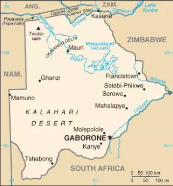 "Riskoen for en malaria-epidemi i Botswana øker dramatisk rett etter en periode med mye nedbør. Kart: The World Factbook."