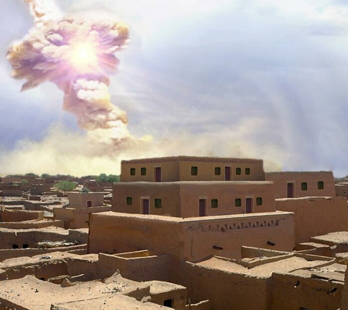 En kunstners rekonstruksjon av palasset i Tall el-Hammam da en asteroide sprengte på himmelen. En kunstners rekonstruksjon av palasset i Tall el-Hammam da en asteroide sprengte på himmelen.