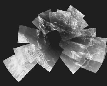 "For å få en oversikt over landskapet på Titan må forskerne sette sammen bilde for bilde som i et puslespill. (Foto: ESA/NASA/JPL/University of Arizona)" "For å få en oversikt over landskapet på Titan må forskerne sette sammen bilde for bilde som i et puslespill. (Foto: ESA/NASA/JPL/University of Arizona)"