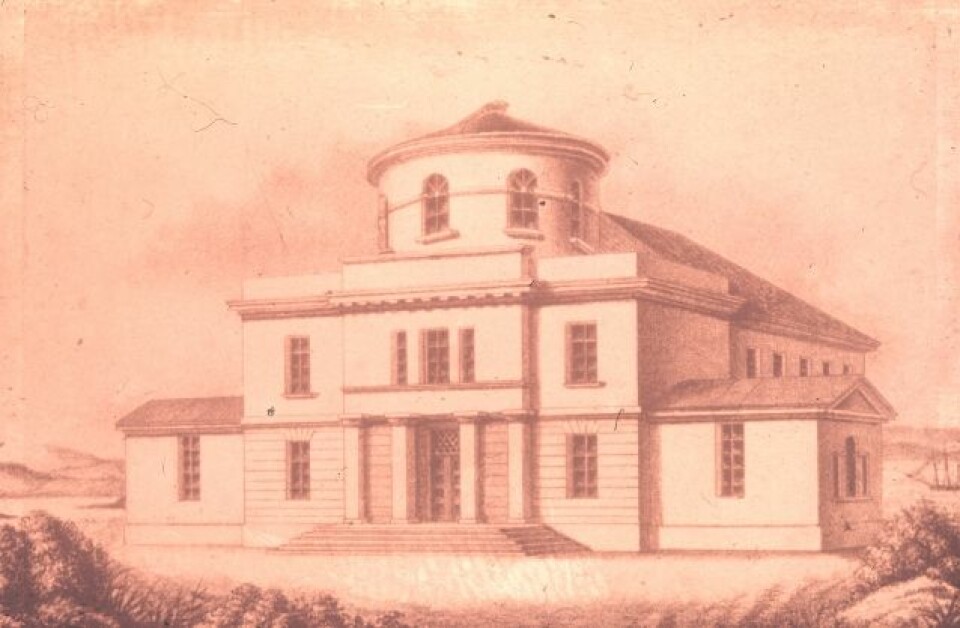 Observatoriet på Solli plass ble innviet for 175 år siden. Tegning av arkitekt Grosch.