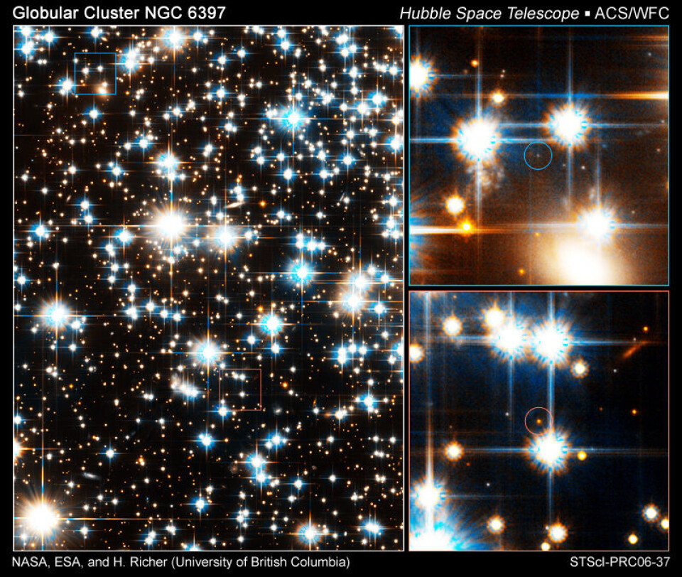 'Bildet nederst til høyre viser den svakeste røde dvergen (den røde prikken i den røde sirkelen) som Hubble fikk øye på. Bildet oppe til høyre viser en av de svake hvite dvergene (den blå prikken i den blå sirkelen).'