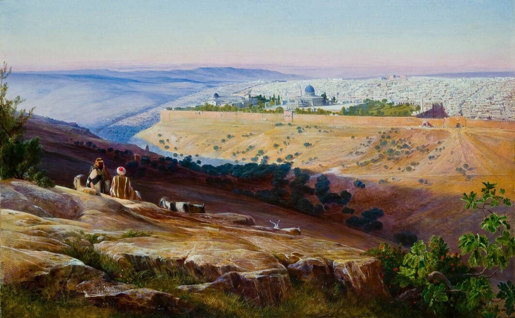 Landskapet spiller en viktig rolle i skandinaviske kristnes forestillinger om Jerusalem. Her utsikten mot Jerusalem fra Oljeberget. Landskapet spiller en viktig rolle i skandinaviske kristnes forestillinger om Jerusalem. Her utsikten mot Jerusalem fra Oljeberget.