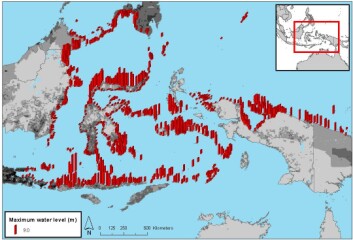 Kartet viser oppskyllingshøydene som i verste fall kan tenkes å ramme regionen som omfatter østkysten av Borneo, den østlige delen av Java, Sulawesi og den vestlige delen av Ny-Guinea i tilfelle av et kraftig jordskjelv som utløser en tsunami. Gråtonene angir befolkningstettheten. Kartet viser oppskyllingshøydene som i verste fall kan tenkes å ramme regionen som omfatter østkysten av Borneo, den østlige delen av Java, Sulawesi og den vestlige delen av Ny-Guinea i tilfelle av et kraftig jordskjelv som utløser en tsunami. Gråtonene angir befolkningstettheten.