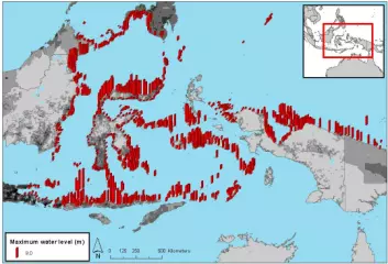 Kartet viser oppskyllingshøydene som i verste fall kan tenkes å ramme regionen som omfatter østkysten av Borneo, den østlige delen av Java, Sulawesi og den vestlige delen av Ny-Guinea i tilfelle av et kraftig jordskjelv som utløser en tsunami. Gråtonene angir befolkningstettheten.