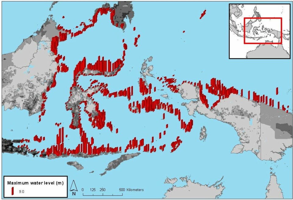 Kartet viser oppskyllingshøydene som i verste fall kan tenkes å ramme regionen som omfatter østkysten av Borneo, den østlige delen av Java, Sulawesi og den vestlige delen av Ny-Guinea i tilfelle av et kraftig jordskjelv som utløser en tsunami. Gråtonene angir befolkningstettheten.