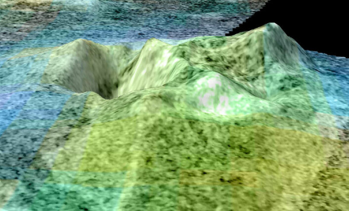 3D-modell av Sotra Facula med kryovulkan. Bildet er hentet fra videoen der det kunstige kameraet flyr over 3D-landskapet som er konstruert utfra radardata sendt fra romsonden Cassini. (Bilde: NASA/JPL-Caltech/USGS/University of Arizona)