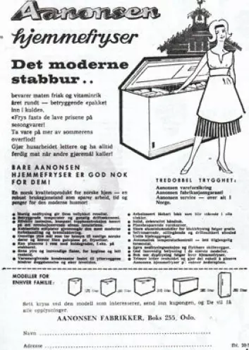 Fryseboksprodusenten Aanonsen koblet i annonser moderne hjemmefrysere til stabbur og norsk selvbergingstradisjon. Annonse fra magasinet Alt om kaldt, som ble utgitt på 1960-tallet
