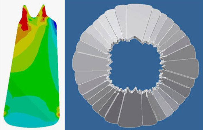 Modell av munnen til Anomalcaris (til høyre) og en enkelt tannplate (til venstre). (Illustrasjon: James Hagadorn, Denver Museum of Nature & Science, USA) Modell av munnen til Anomalcaris (til høyre) og en enkelt tannplate (til venstre). (Illustrasjon: James Hagadorn, Denver Museum of Nature & Science, USA)