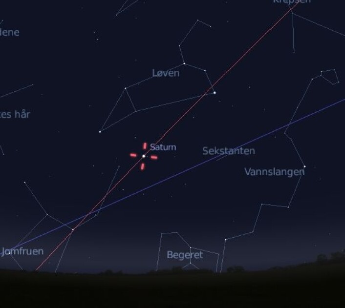 Saturn under Løven i syd-øst, sett fra Oslo 24. februar kl 22. Laget med Stellarium Saturn under Løven i syd-øst, sett fra Oslo 24. februar kl 22. Laget med Stellarium