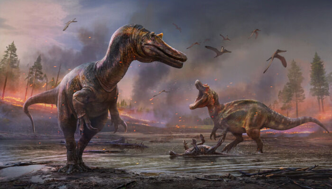 Her har en kunstner tegnet dinosaurene. Den fremste har fått navnet Ceratosuchops inferodios og den bakerste Riparovenator milnerae. Her har en kunstner tegnet dinosaurene. Den fremste har fått navnet Ceratosuchops inferodios og den bakerste Riparovenator milnerae.
