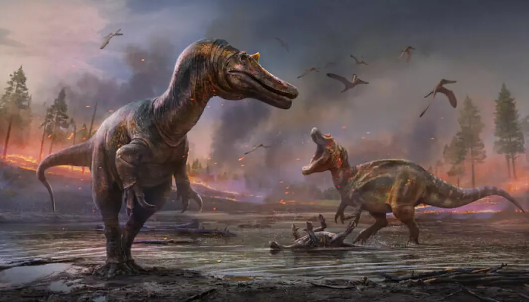 Her har en kunstner tegnet dinosaurene. Den fremste har fått navnet Ceratosuchops inferodios og den bakerste Riparovenator milnerae.