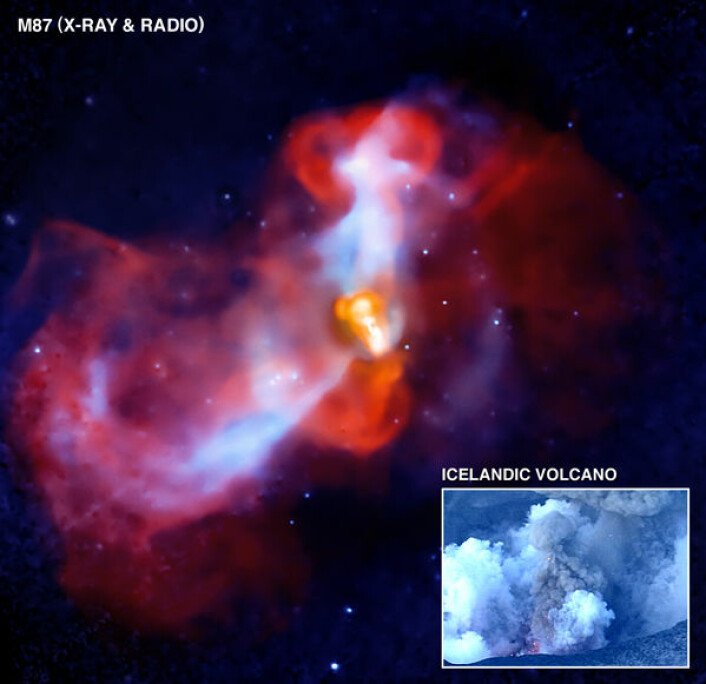 Ved å observere den røntgenstrålingen som gassen i galaksehopen Virgo sender ut, har Nasa kunnet følge konsekvensene av et utbrudd av energirike partikler fra et sort hull. (Illustrasjon: NASA/Chandra X-ray Observatory)