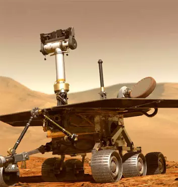 "Modell av en Mars Exploration Rover av samme typen som Spirit og Opportunity. Kjøretøyet er utstyrt med blant annet flere kameraer, børste- og slipeverktøy og mikroskop."