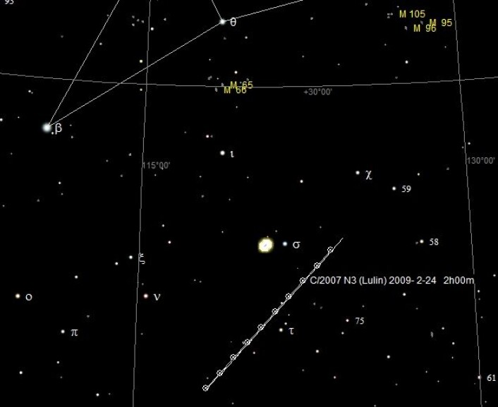 Saturn og kometen "Lulin" rundt 24. februar. Laget med Ciel. Saturn og kometen "Lulin" rundt 24. februar. Laget med Ciel.