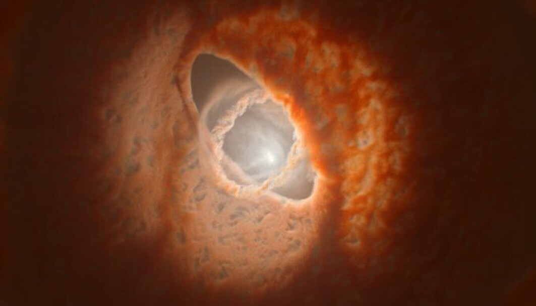 Stjernene i stjernesystemet GW Orionis er omgitt av en protoplanetarisk skive som kanskje skjuler en planet. Stjernene i stjernesystemet GW Orionis er omgitt av en protoplanetarisk skive som kanskje skjuler en planet.