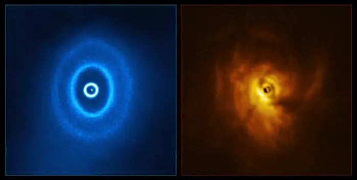 Disse tidligere bildene av GW Orionis, tatt med teleskoper, viser at skiven rundt stjernene er delt opp i ringer og deformert.
