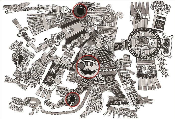 En aztekisk framstilling av Tezcatlipoca. De røde ringene viser detaljer som kan forestille obsidian-speil. En aztekisk framstilling av Tezcatlipoca. De røde ringene viser detaljer som kan forestille obsidian-speil.