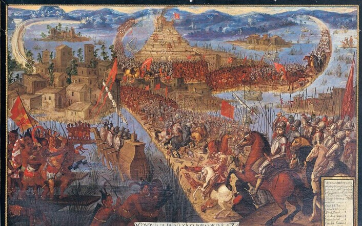 Maleri som framstiller den spanske erobringen av Azteker-byen Tenochtitlan. Maleri som framstiller den spanske erobringen av Azteker-byen Tenochtitlan.