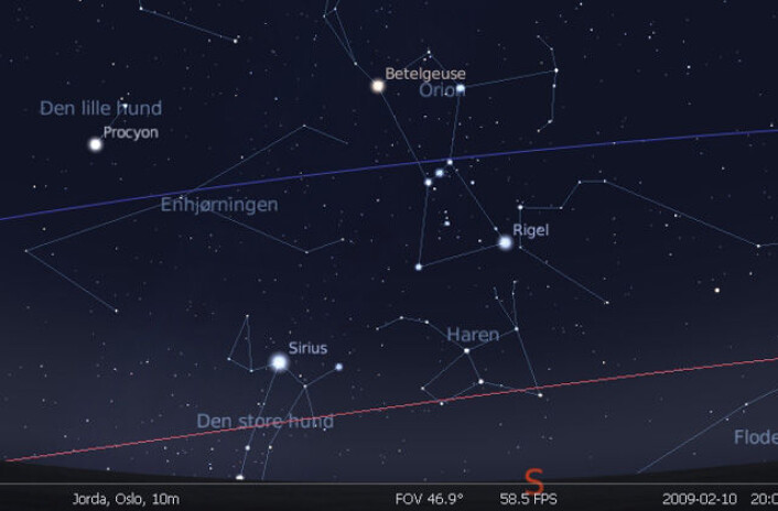 Orion i syd sett fra Oslo 10. februar kl 20. Laget med Stellarium. Orion i syd sett fra Oslo 10. februar kl 20. Laget med Stellarium.