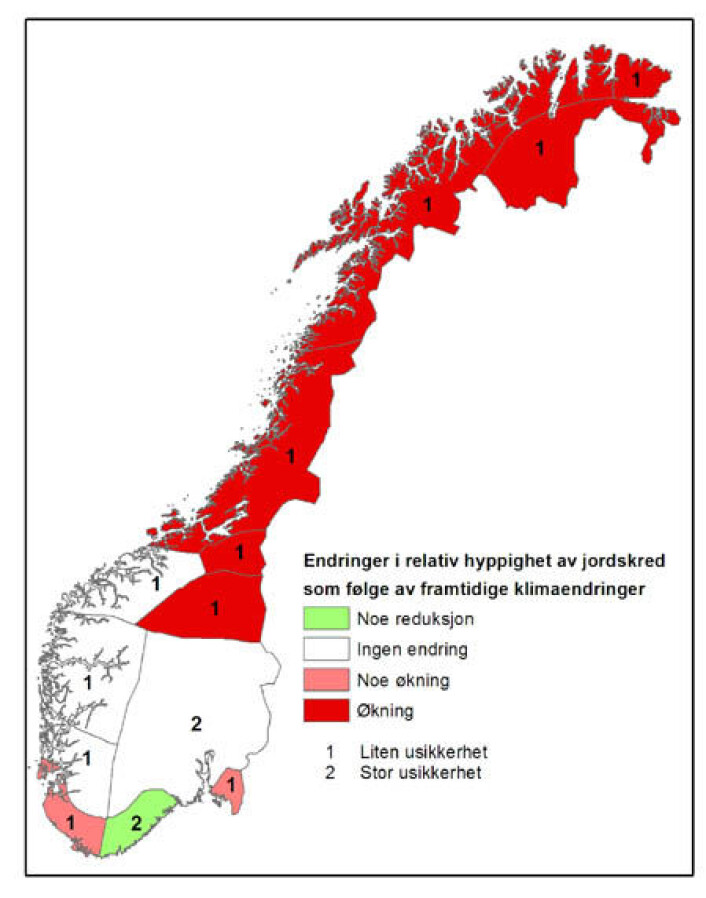 FLERE SKRED: Forskningen i GeoExtreme viser at vi får flere jordskred her i landet. Økningen blir sterkest langs kysten fra Nord-Norge til Trøndelag. FLERE SKRED: Forskningen i GeoExtreme viser at vi får flere jordskred her i landet. Økningen blir sterkest langs kysten fra Nord-Norge til Trøndelag.