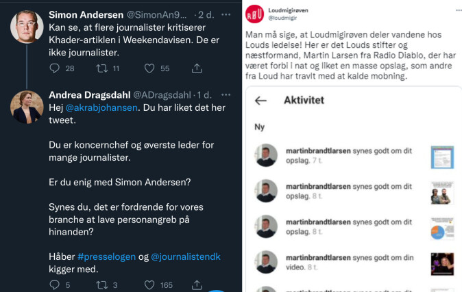 To nylige eksempler der <span class="italic" data-lab-italic_desktop="italic">likes</span> på Twitter blir mistenkeliggjort. Til venstre undrer journalist Andreas Dragsdahl seg over at konsernsjef for Berlingske Media, Anders Krab-Johansen, «liker» en Twitter-melding av Radio Louds nye programdirektør, Simon Andersen. Til høyre er det satireprofilen Loudmigirøven som undrer seg over at nestleder for Radio Loud, Martin Larsen, liker ulike oppslag på Instagram. To nylige eksempler der <span class="italic" data-lab-italic_desktop="italic">likes</span> på Twitter blir mistenkeliggjort. Til venstre undrer journalist Andreas Dragsdahl seg over at konsernsjef for Berlingske Media, Anders Krab-Johansen, «liker» en Twitter-melding av Radio Louds nye programdirektør, Simon Andersen. Til høyre er det satireprofilen Loudmigirøven som undrer seg over at nestleder for Radio Loud, Martin Larsen, liker ulike oppslag på Instagram.