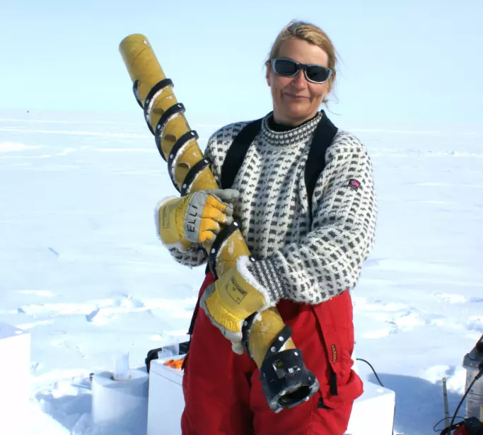 Elisabeth Isaksson har deltatt i studien. Her er forskeren med en iskjerne under feltarbeid i Antarktis.