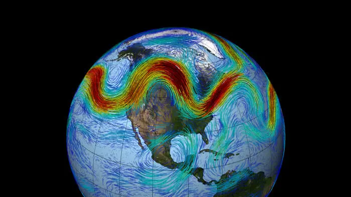 Den polare jetstrømmen bukter seg i atmosfæren på den nordlige halvkule. Den polare jetstrømmen bukter seg i atmosfæren på den nordlige halvkule.