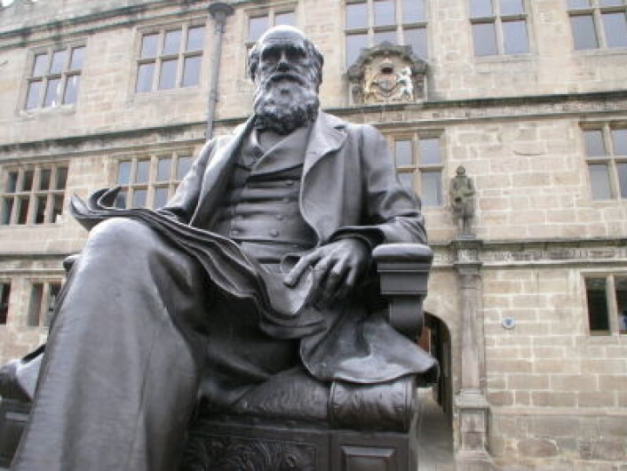 "En statue av Charles Robert Darwin utenfor hans tidligere skole, som i dag er Shrewsbury Library i Shropshire vest i England. (Illustrasjonsfoto: iStockphoto)" "En statue av Charles Robert Darwin utenfor hans tidligere skole, som i dag er Shrewsbury Library i Shropshire vest i England. (Illustrasjonsfoto: iStockphoto)"