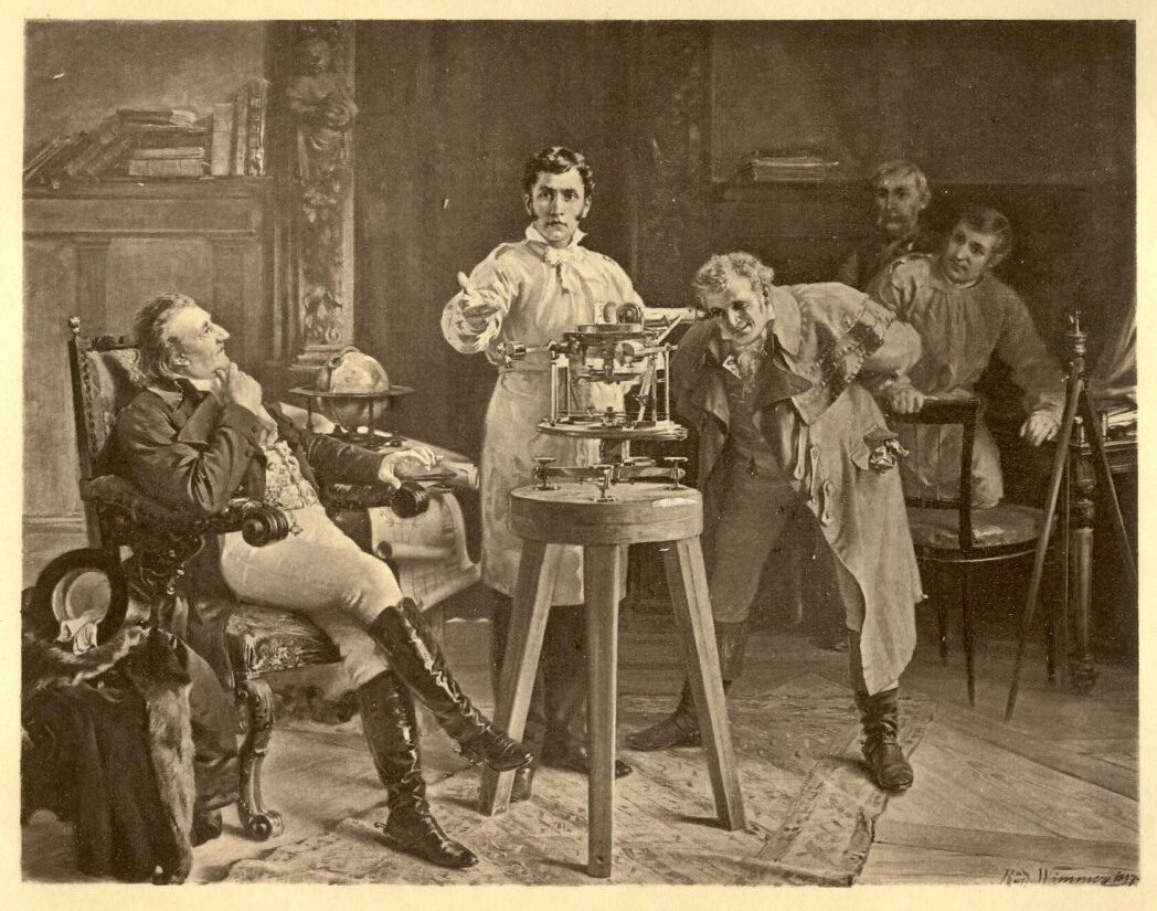 Joseph von Fraunhofer demonstrerer et spektroskop. Joseph von Fraunhofer demonstrerer et spektroskop.