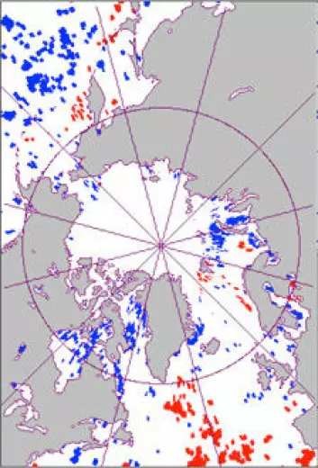 Kartet viser havområder med tidligere algeblomstring (markert med blått) og områder med seinere blomstring (rødt) basert på satelittobservasjoner 1997-2010. (Illustrasjon: Scripps Institution of Oceanography, UC San Diego)