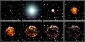 "Slik kan Cassiopeia A ha utviklet seg siden 1660-tallet. Illustrasjon: NASA, ESA, og Hubble Heritage (STScI/AURA)-ESA/Hubble Collaboration. Konsulenter: Robert A. Fesen (Dartmouth College, USA) og James Long (ESA/Hubble)" "Slik kan Cassiopeia A ha utviklet seg siden 1660-tallet. Illustrasjon: NASA, ESA, og Hubble Heritage (STScI/AURA)-ESA/Hubble Collaboration. Konsulenter: Robert A. Fesen (Dartmouth College, USA) og James Long (ESA/Hubble)"