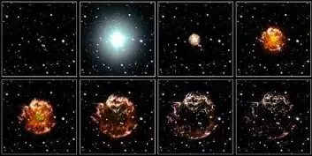 "Slik kan Cassiopeia A ha utviklet seg siden 1660-tallet. Illustrasjon: NASA, ESA, og Hubble Heritage (STScI/AURA)-ESA/Hubble Collaboration. Konsulenter: Robert A. Fesen (Dartmouth College, USA) og James Long (ESA/Hubble)"