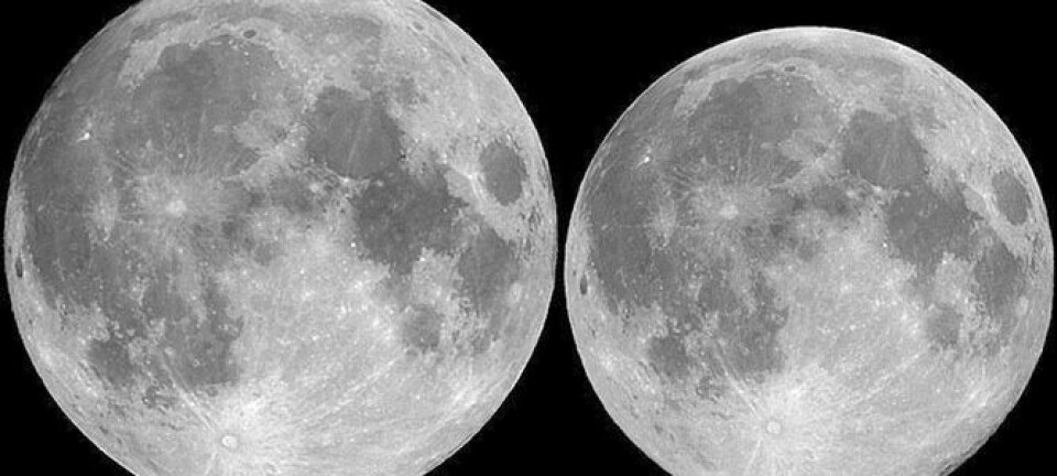 Månen er her avbildet når den synes størst på himmelen i perigeum nærmest jorda (venstre) og i apogeum når den er lengst borte (høyre). Måneskiva ser ca. 25 prosent større ut ved perigeum enn ved apogeum. Bilde fra internett. (Foto: NASA)