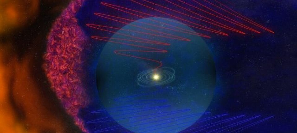 Tegningen viser en blanding av den gamle og den nye modellen over magnetfeltet i heliosheath. Den røde og blå spiralen antyder de slakke linjene fra den gamle modellen, mens skummet av magnetfeltbobler vises i ytterkanten. (Science@NASA)