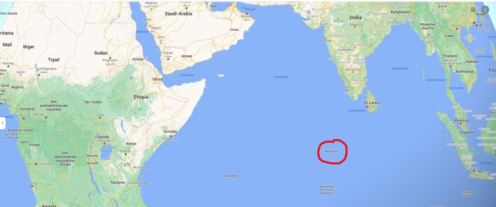 Forskerne tror øyenstikkerne kan fly fra India til Somalia i Afrika. Noen mellomlander på øygruppa Maldivene, som bare vises som en liten prikk inne i den røde ringen. Forskerne tror øyenstikkerne kan fly fra India til Somalia i Afrika. Noen mellomlander på øygruppa Maldivene, som bare vises som en liten prikk inne i den røde ringen.