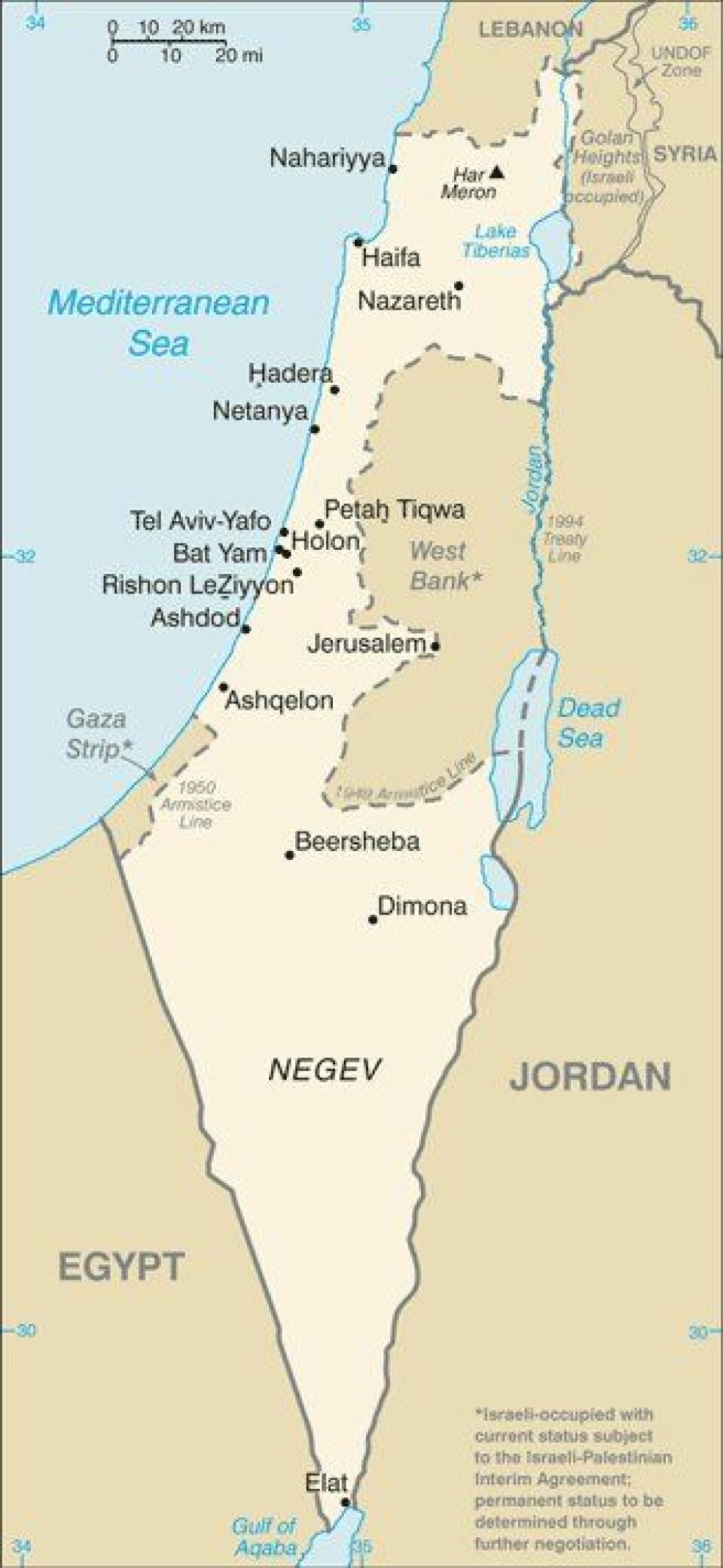 Dette kartet over Israel, Vestbredden og Gaza er hentet fra CIAs World Factbook. (Kart: CIA)