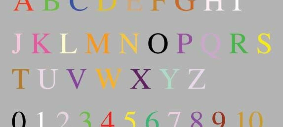 'Et eksempel på en synestetikers persepsjon av bokstaver og tall.'