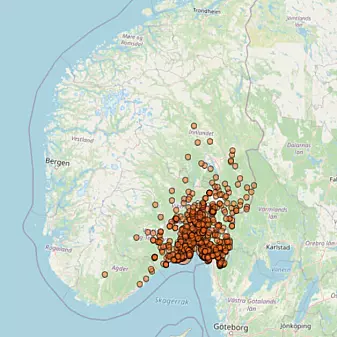 Utbredelse av geithams i Norge.