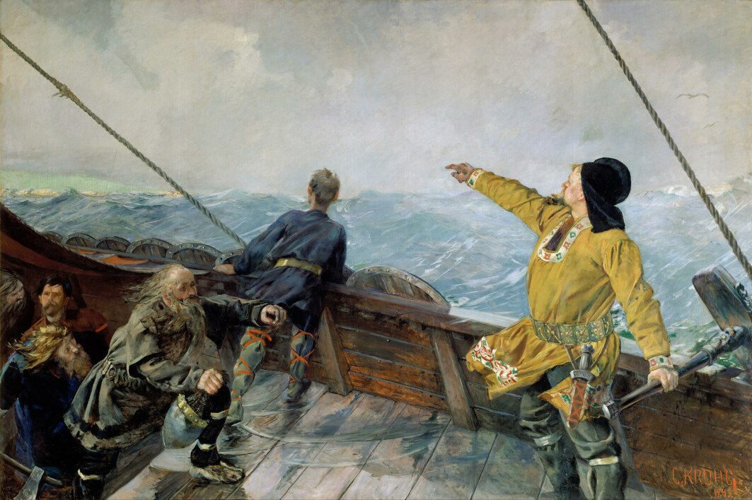 I 1893 så kunstneren Christian Krogh for seg at det så sånn ut da Leif Eiriksson kom til Amerika. I 1893 så kunstneren Christian Krogh for seg at det så sånn ut da Leif Eiriksson kom til Amerika.