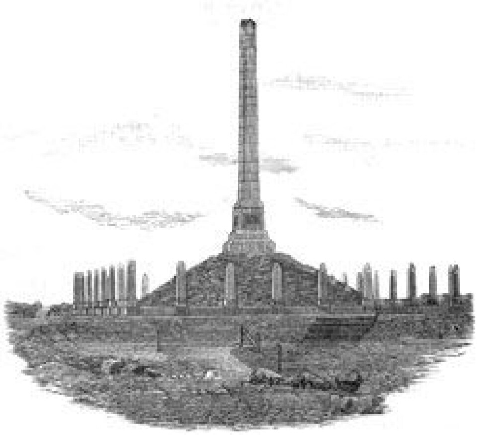 '18. juli 1872 ble minnesmerket over rikssamlingen og Harald Hårfagre innviet ved Haugesund. (Illustrasjon tilhører Jørgen Haavardsholm)'