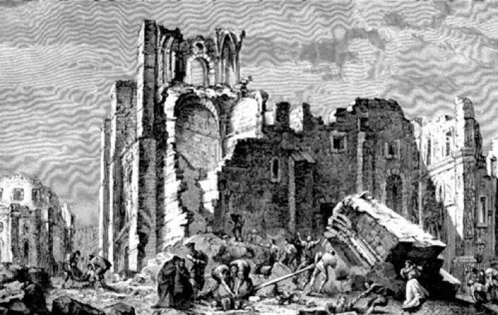 Gammelt kobberstikk som viser Lisboa i ruiner og flammer etter det store jordskjelvet i 1755. Guds straffedom hadde rammet portugiserne, fikk nordmenn vite gjennom datidens medier. Gammelt kobberstikk som viser Lisboa i ruiner og flammer etter det store jordskjelvet i 1755. Guds straffedom hadde rammet portugiserne, fikk nordmenn vite gjennom datidens medier.