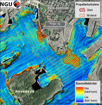 Kartet viser at sjøbunnen utenfor ferge- og cruiseskipterminalene på Vippetangen og ved Akershuskaiene er sterkt påvirket av propellturbulens. Dataene tyder på at deler av sjøbunnen utover i havnebassenget også er påvirket av skipstrafikken. (Illustrasjon: NGU) Kartet viser at sjøbunnen utenfor ferge- og cruiseskipterminalene på Vippetangen og ved Akershuskaiene er sterkt påvirket av propellturbulens. Dataene tyder på at deler av sjøbunnen utover i havnebassenget også er påvirket av skipstrafikken. (Illustrasjon: NGU)